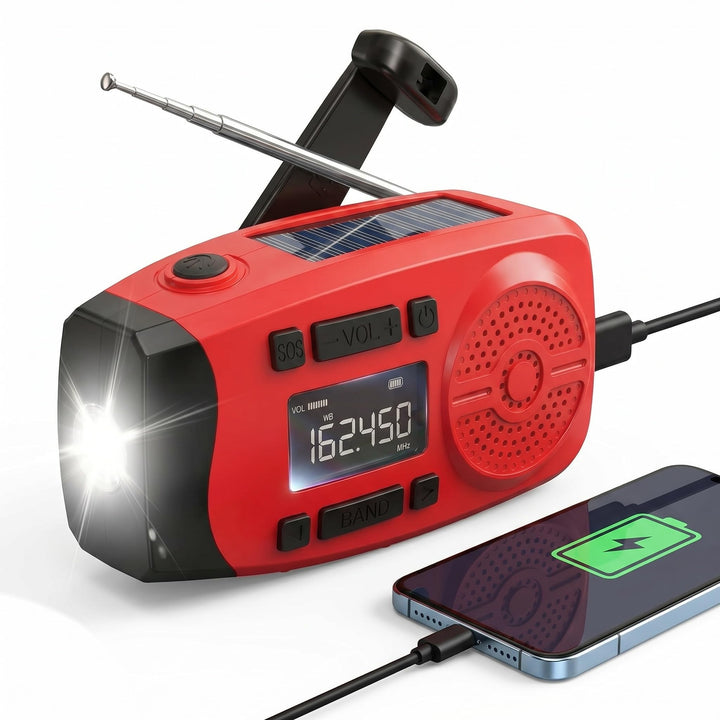 Solarkurbel-Notfallradio mit LCD-Display, 2000mAh Powerbank, 3-in-1 Taschenlampe mit SOS-Alarm, trag