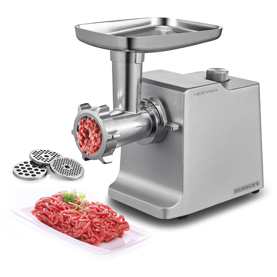 HEINRICHS Elektrischer Fleischwolf & Wurstmaschine inkl.3 verschiedene Hacksiebe+Kebbeaufsatz+ Wurst