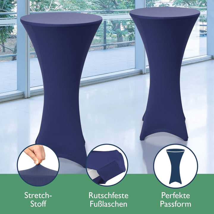 Beautissu 2er Set Stretch Stehtisch Husse Blau Ø 70-75 cm Stella – Verstärkung im Fussbereich & 40°C