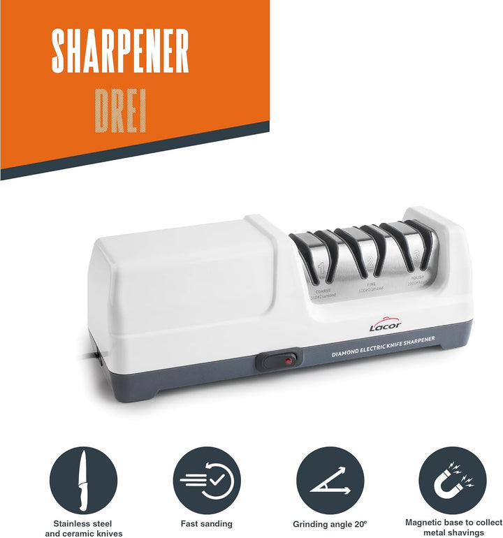 Lacor - 69432 - Drei Messerschärfer, elektrisch 18 W, 3 Stufen, mit Diamantscheiben, Für Stahl- und