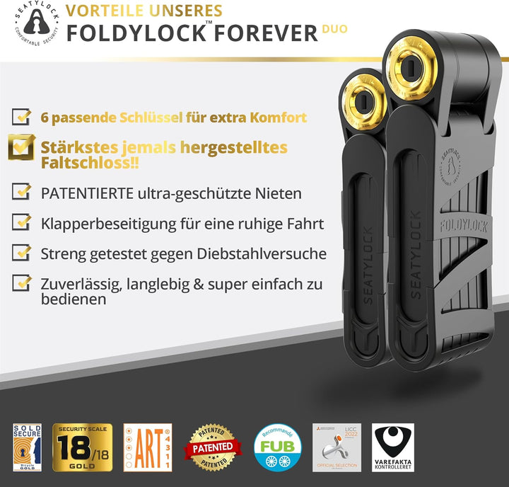 FoldyLock Forever 2x Fahrradschloss mit Schlüssel – Patentiertes Faltschloss mit Halterung - Testsie