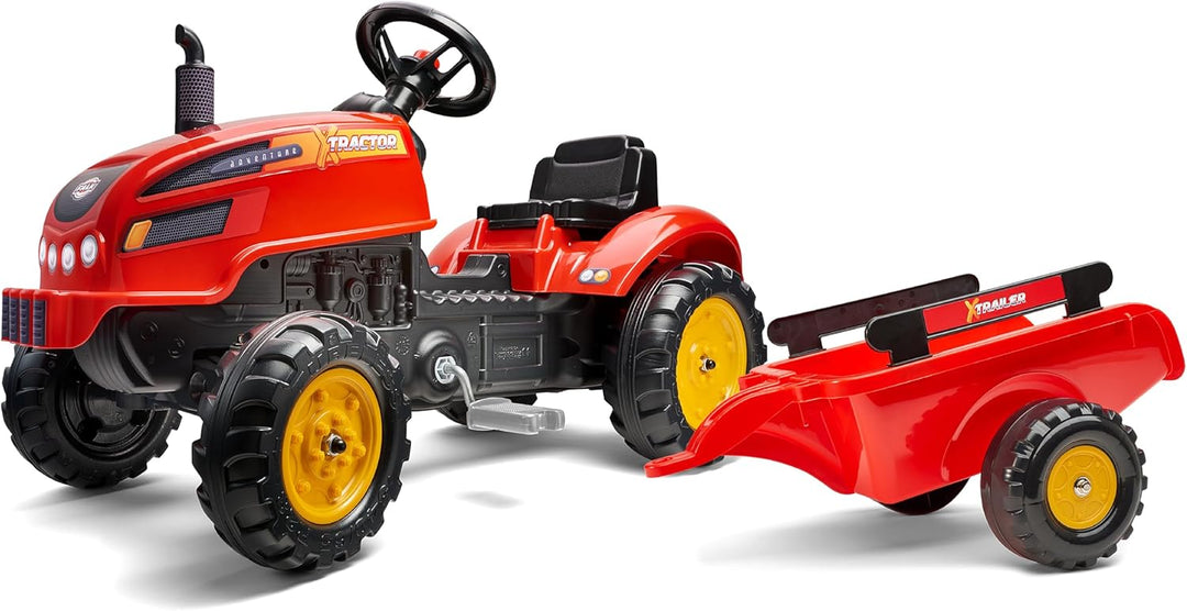 FALK - Traktor mit Pedalen X Tractor – Rot – mit Haube zum Öffnen und Anhänger ab 2 Jahren – 2046AB