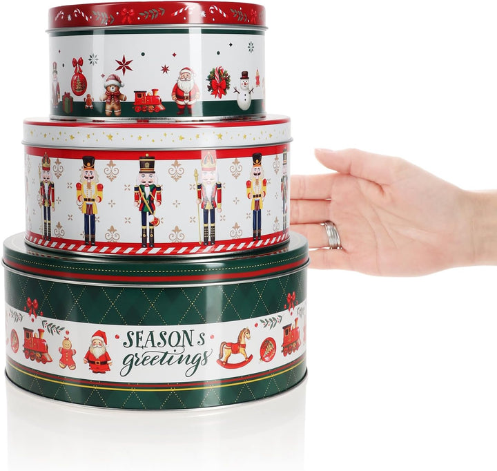 com-four® 3x Vorratsdosen aus Metall - ineinander stapelbare Keksdosen mit Adventskranz, Nussknacker