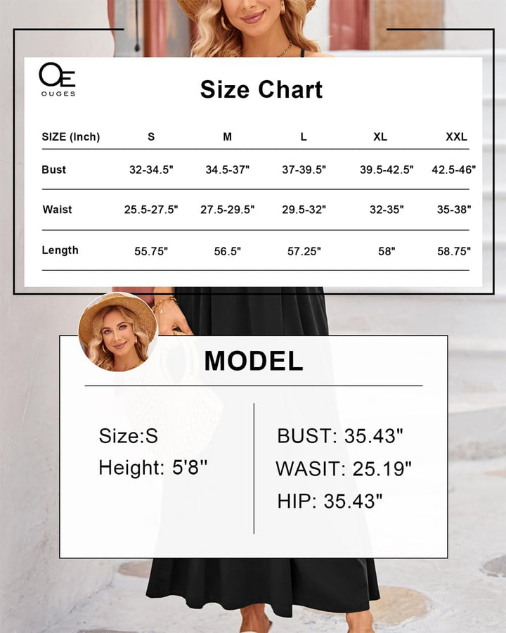 OUGES Damen Sommerkleid V-Ausschnitt Maxikleid Rückenfreies High Waist Spaghetti Strap Freizeitkleid