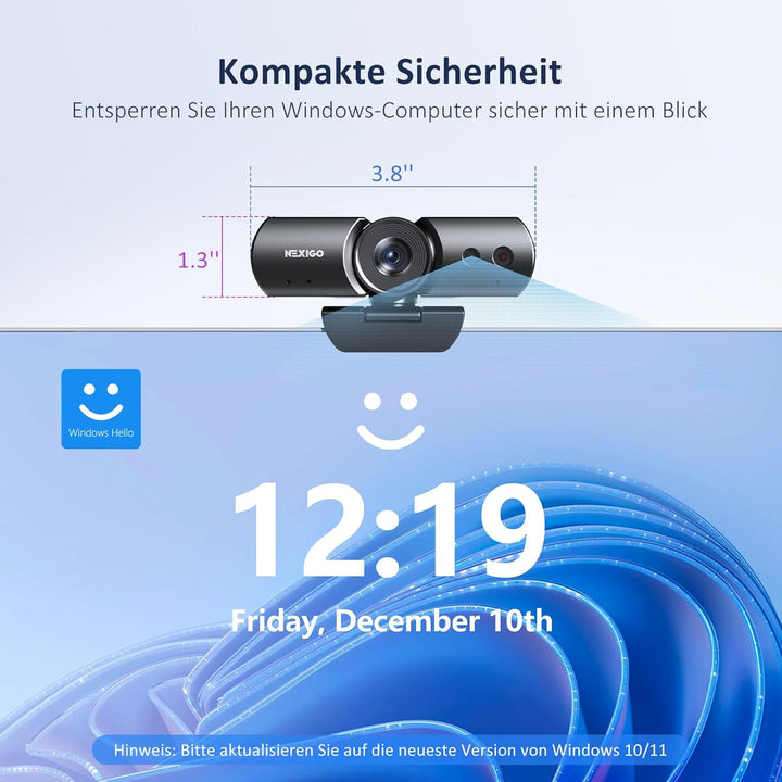 NexiGo HelloCam Pro, Webcam mit Windows Hello, 1080P 60FPS Autofokus, Echter Datenschutz, Automatisc
