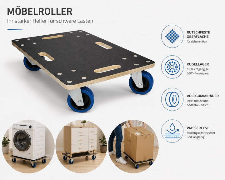 Möbelroller bis 800 kg Tragkraft - aus 18 mm Multiplex Holz mit Rutschfester Siebdruckplatte &amp; 4 Len