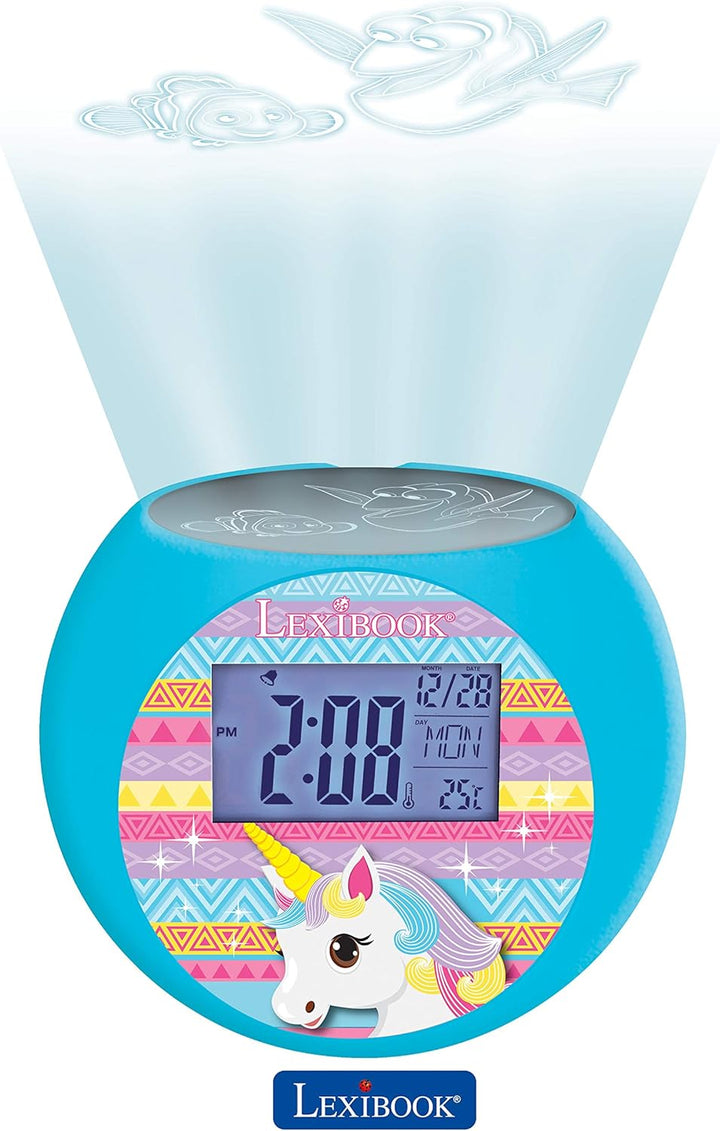 Lexibook Einhorn Unicorn Projektor-Radiowecker, Soundeffekte, Batterien, Blau, RL975UNI, Einhorn