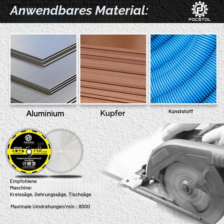 FOCSTOL Kreissägeblatt für Aluminium 184mm x 15,875mm - Sägeblatt 60 Zähne zum Schneiden von Nichtei