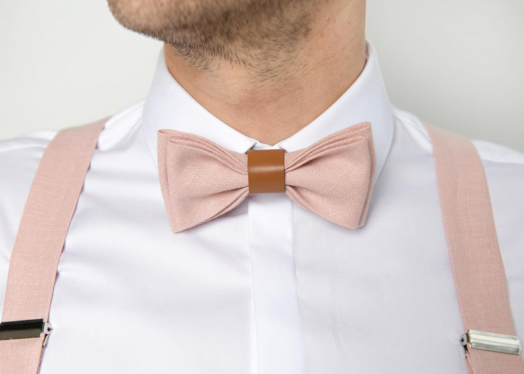 LINILI Leinen Accessoires SET: Fliege und Hosenträger für Herren- mit Leder- Fliege Bereits gebunden