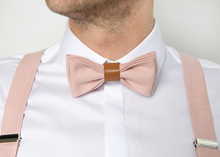 LINILI Leinen Accessoires SET: Fliege und Hosenträger für Herren- mit Leder- Fliege Bereits gebunden