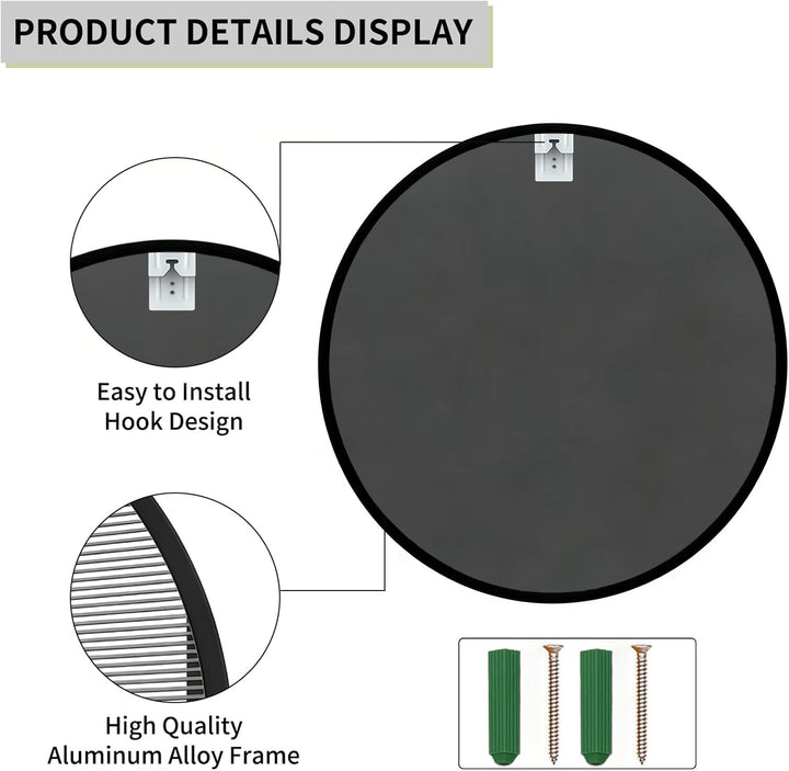 40 cm grosser runder Wandspiegel, schwarzer Metallrahmen, HD-Glas, für Badezimmer, Wohnzimmer, Schla