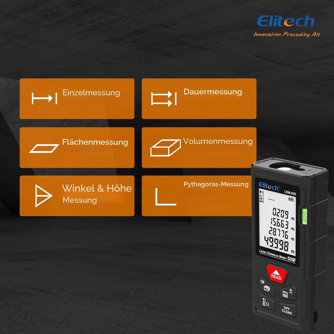 Elitech LDM-50-Series Laser Entfernungsmesser 50m Reichweite, ±2mm Genauigkeit, Flächen-/Volumen-/Py