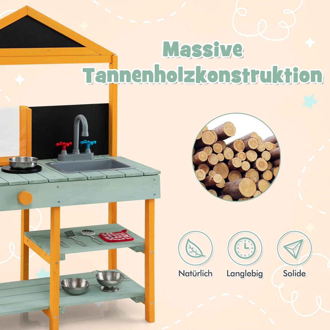 DREAMADE Matschküche Kinder Outdoor, Kinderküche Tannenholz, Spielküche mit Wasserhahn, Waschbecken,