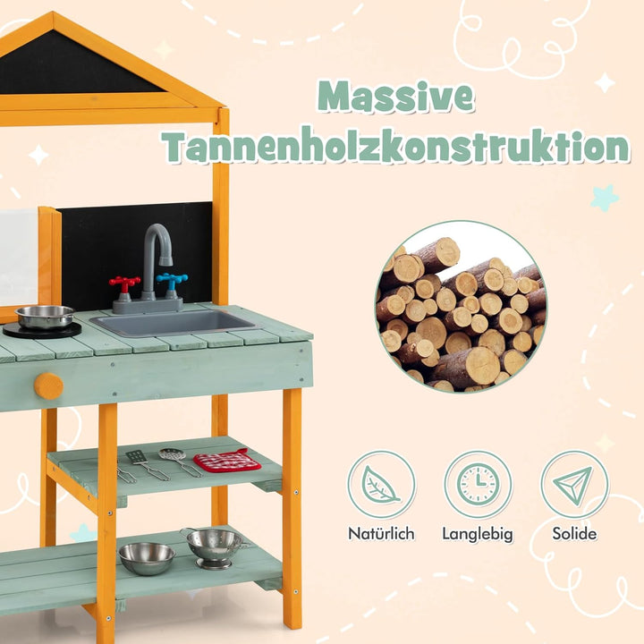 DREAMADE Matschküche Kinder Outdoor, Kinderküche Tannenholz, Spielküche mit Wasserhahn, Waschbecken,