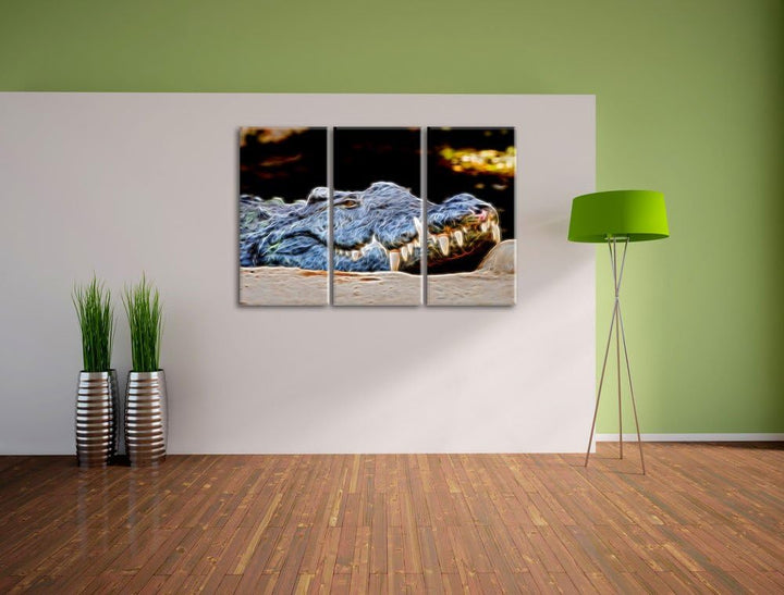 Dark gigantisches Krokodil NewArt 3-Teiler Leinwandbild 120x80 Bild auf Leinwand, XXL riesige Bilder