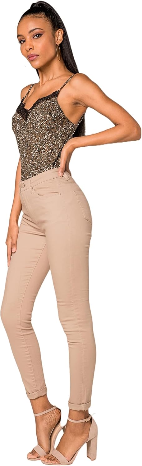 Nina Carter P109 Damen Skinny Fit Jeans High Waist Slim Hose Figurbetonte Stretch Jeanshose M Taupe