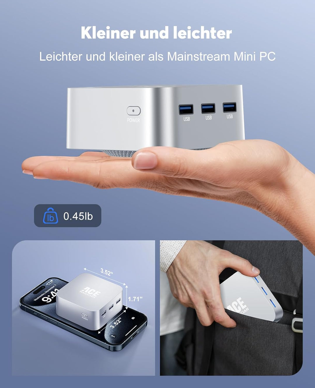 ACEMAGICIAN T8Plus Mini PC,12th Gen Ιntel Alder Lake N100 Mini PC (bis zu 3,40 GHz),12GB LPDDR5 256G