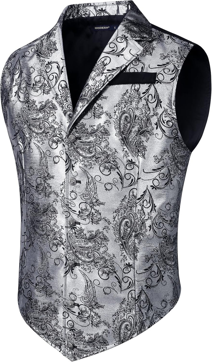 HISDERN Herren Paisley Weste Formelle Hochzeit Party Gothic Steampunk Revers Weste für Herren XL Sil
