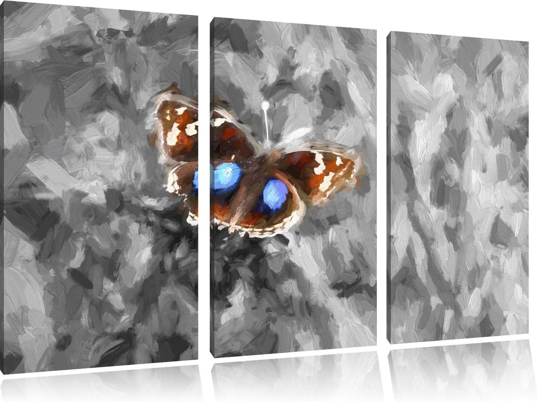 süsser Schmetterling auf Grashalm schwarz/weiss Deluxe 3-Teiler Leinwandbild 120x80 Bild auf Leinwan