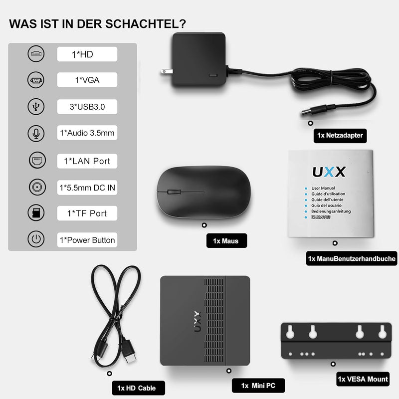 UXX Mini PC Unterstützung 512GB M.2 SSD Erweiterung, N3350 Micro Desktop Computer 64GB eMMC, Gaming