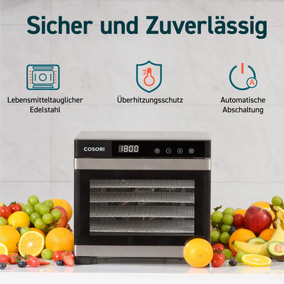 COSORI Dörrautomat edelstahl, Food Dehydrator mit 50 Rezepte, inkl. 6 Edelstahl-Dörrtabletts, 3 Dörr