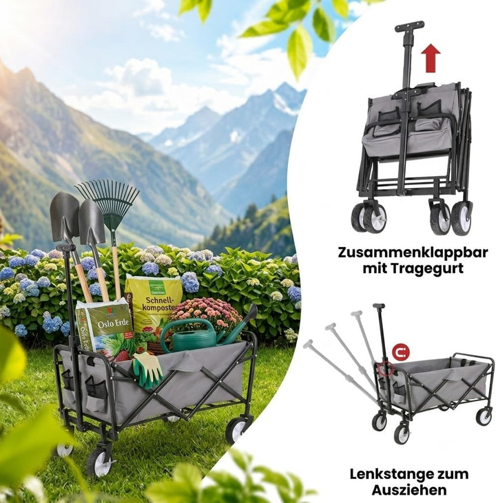 Gardenio Bollerwagen faltbar mit Bremsen, Handwagen 80 kg/60l, Bollerwagen klein & leicht mit Tasche