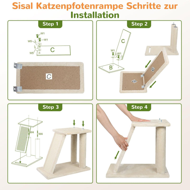 Globlazer Kratzbaum Beige Stabil mit 2 Gross Basis, 2 Katzenhaus 90° Drehbares, Gepolsterte Plattfor