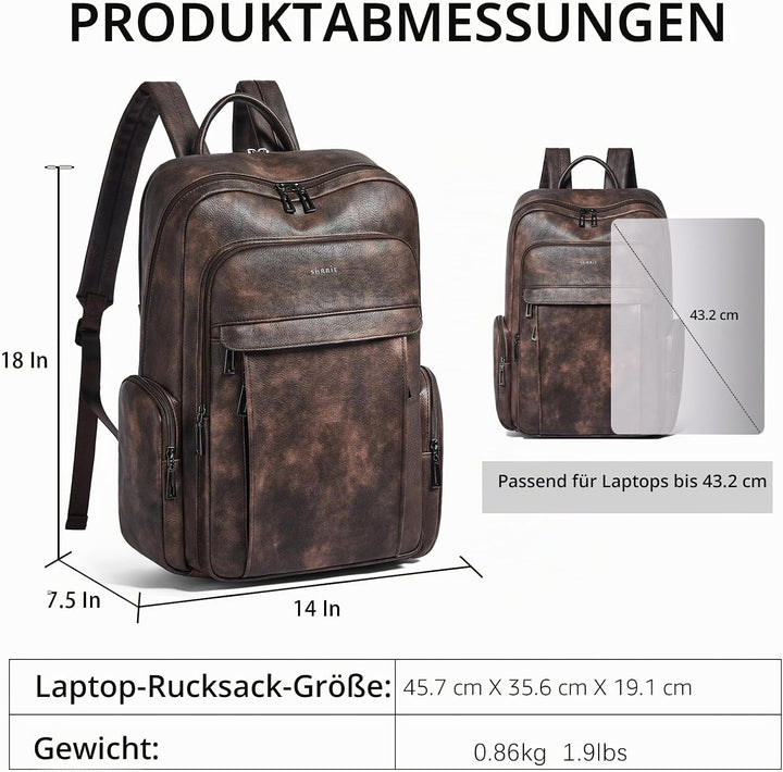 Shrrie Leder Laptop Rucksack für Frauen mit 17 Zoll Vegan Leder Computer Rucksack Tasche für Reise C