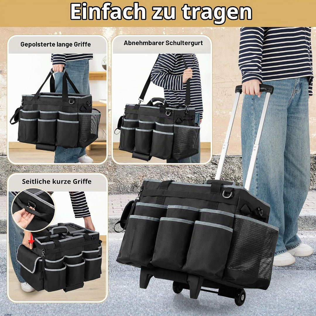 Grosser Reinigungs Caddie mit Abnehmbarem Trolley und Schultergurt, Reinigungsmittel Tasche mit Umla