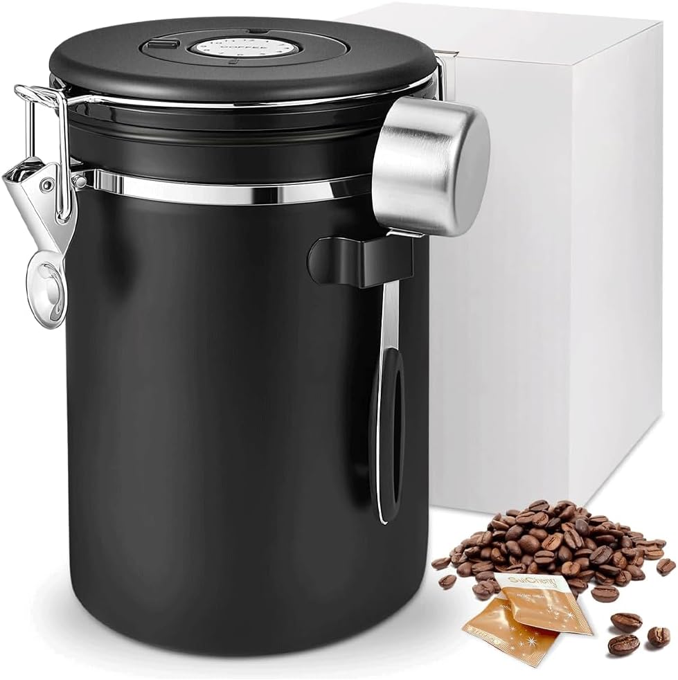 Luftdichter Kaffeebehälter aus Edelstahl, 1,8L, mit Auslassventil, Vorratsdose für Kaffeebohnen, Nüs