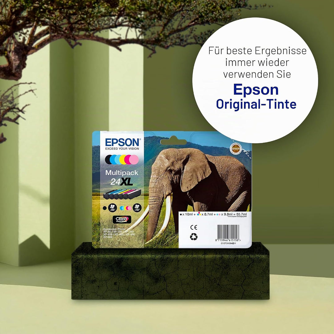 Epson 24XL Elephant High Yield Genuine Multipack, Eco-Friendly Packaging, 6-colours Claria Photo HD