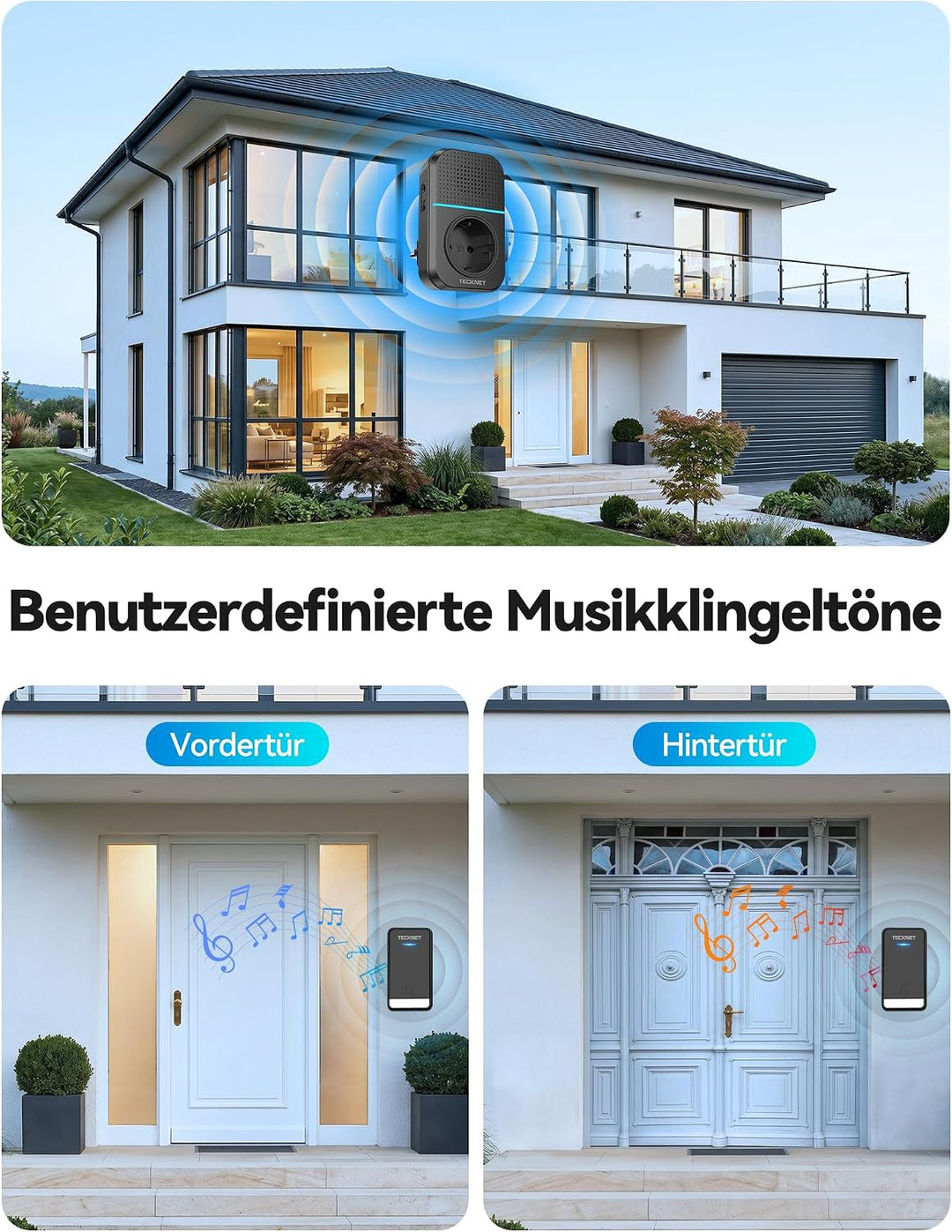 TECKNET Funkklingel Batterielose, Funkklingel mit Steckdose, Funk Türklingel mit 2 Sender, IP65 Funk