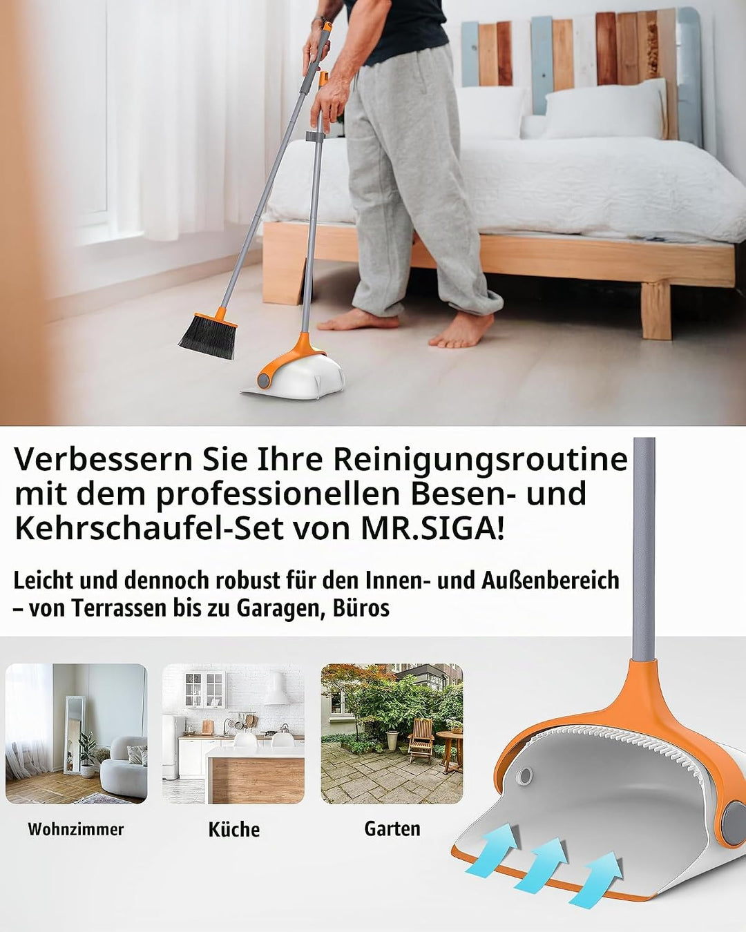 MR.SIGA Besen und Kehrschaufel Set mit langem Stiel, Standbesen mit Kehrschaufel Combo für die Reini