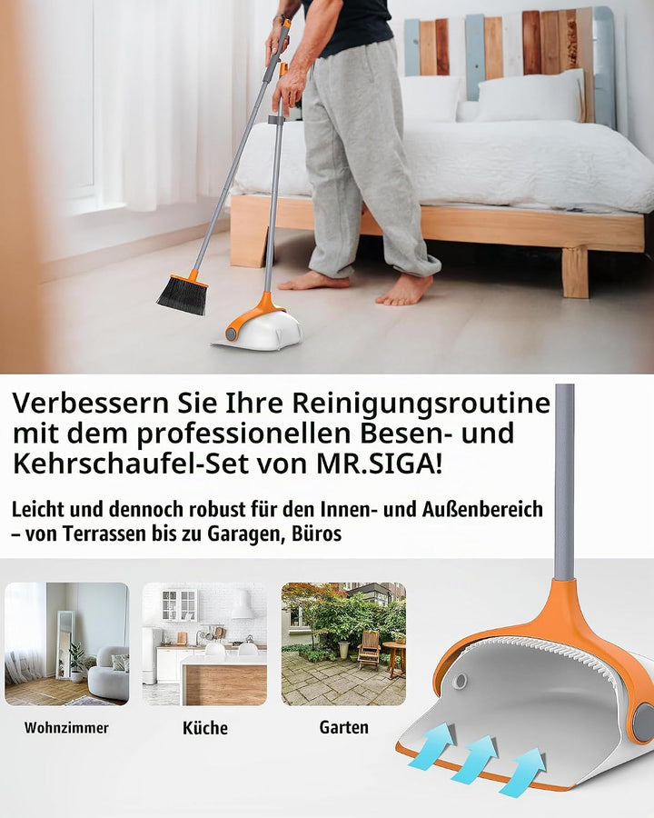 MR.SIGA Besen und Kehrschaufel Set mit langem Stiel, Standbesen mit Kehrschaufel Combo für die Reini