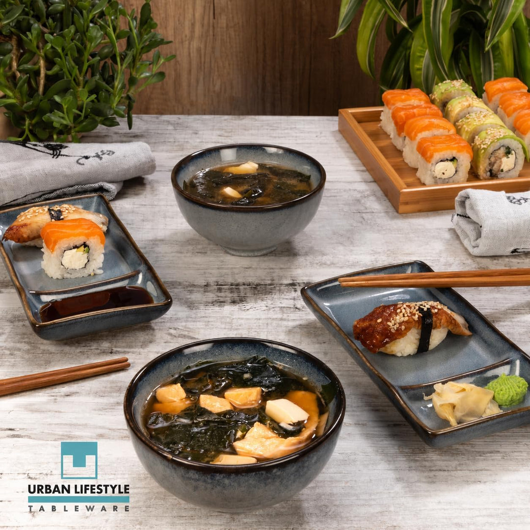 Sushi Geschirr set "Misaki" Graublau für 2 Person, Sushi Set Japanischer Geschirr für Miso Suppe Mak