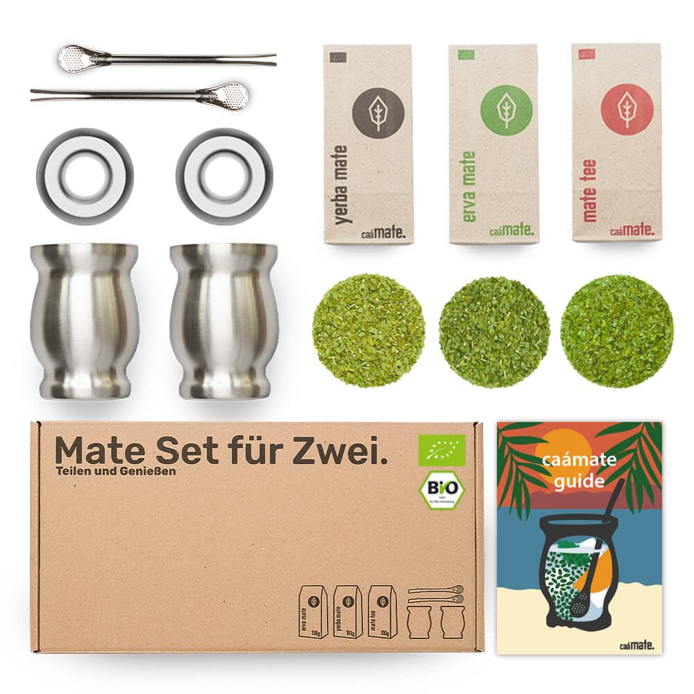Mate Tee Set Bio ● 3 Matesorten + 2 doppelwandige Edelstahl Matebecher + 2 Bombillas + Zubereitungsa