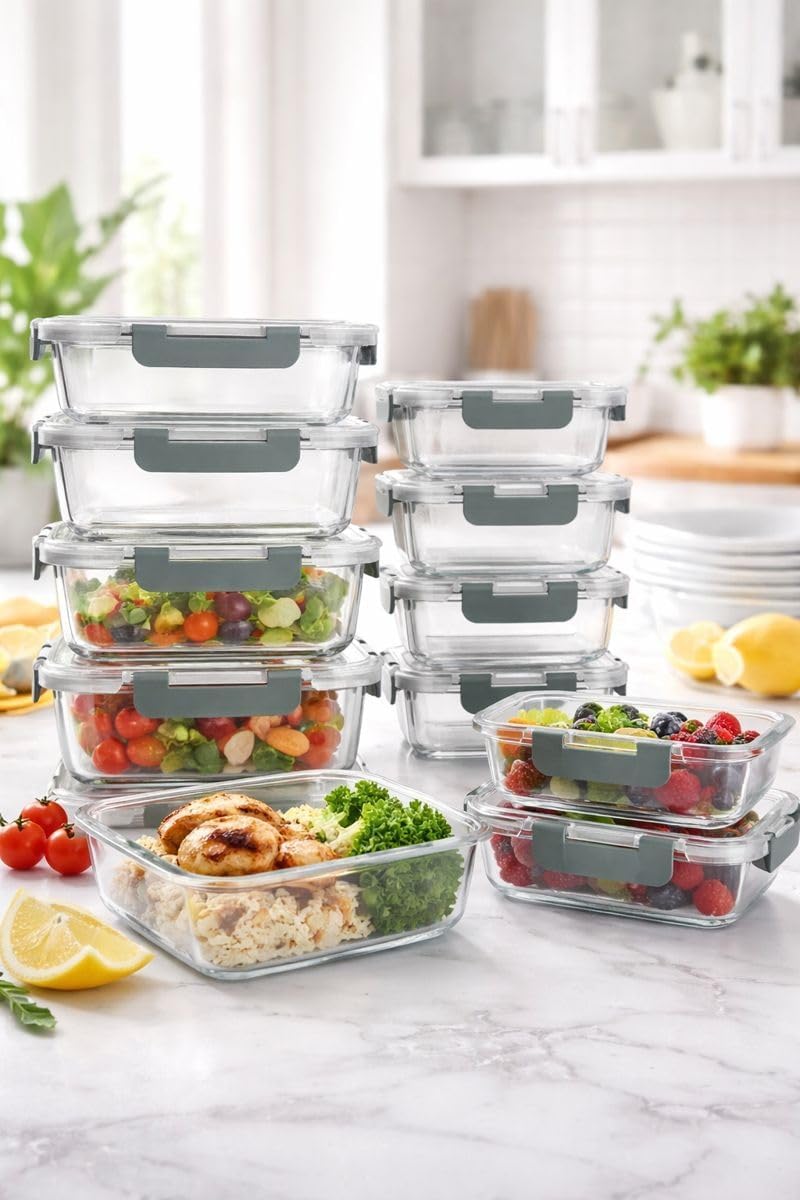Visario Glas Frischhaltedosen Set 10 Stück (20 Teile) – 5x 1040ml & 5x 370ml, Luftdichte Bento Boxen