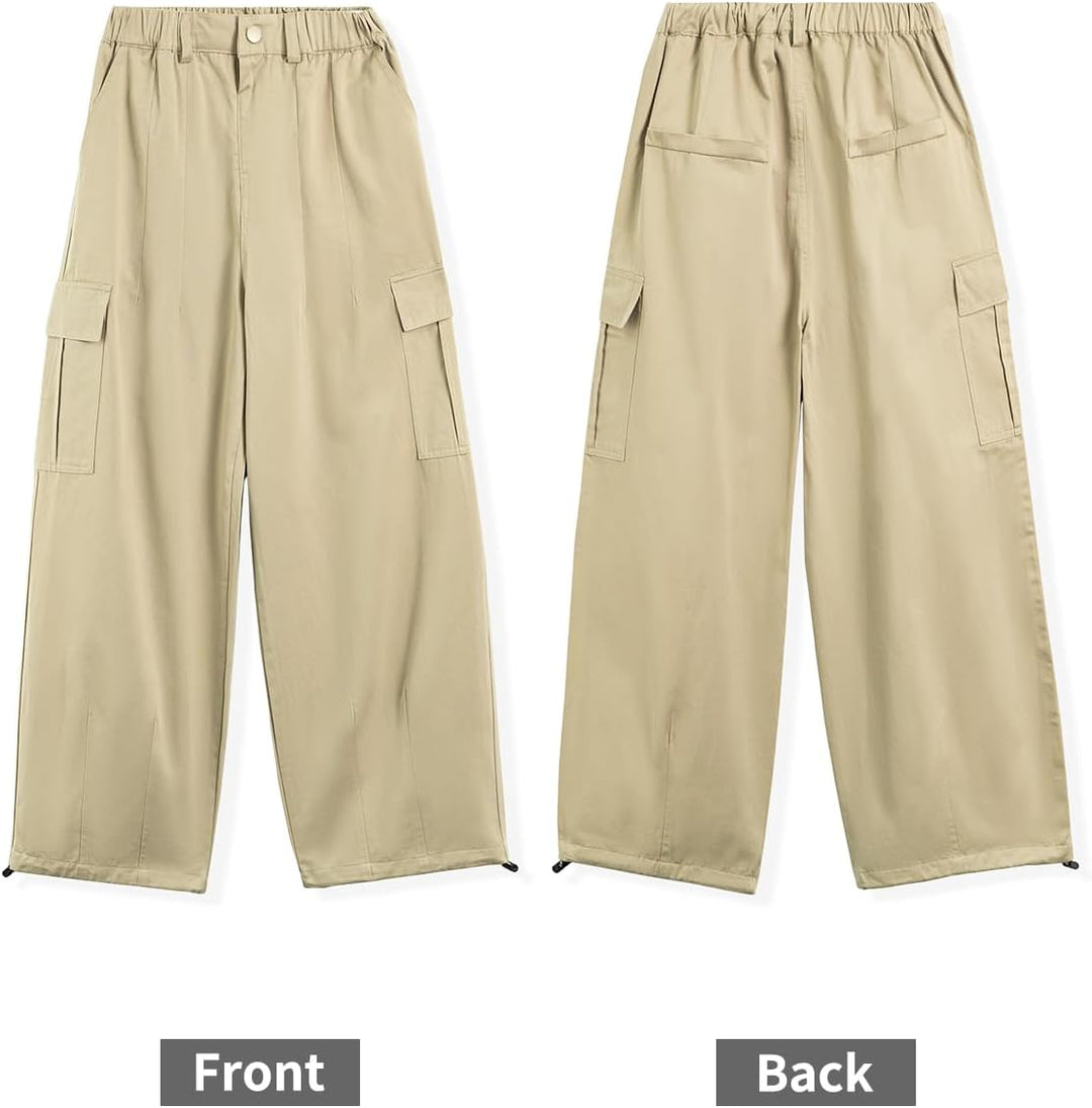 Rolanko Mädchen Cargohose, Baumwoll Baggy Hose mit Elastischer Taille und Mehreren Taschen für Kinde