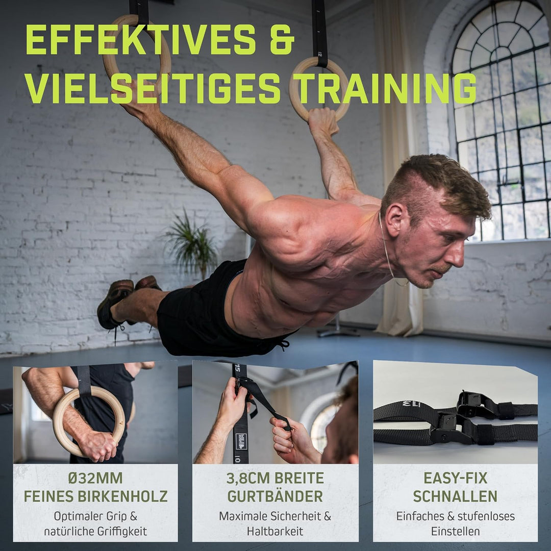 Wild Instincts® Premium Turnringe aus Holz 28mm / 32mm mit WebApp | Fitness-Ringe, Gymnastikringe, T