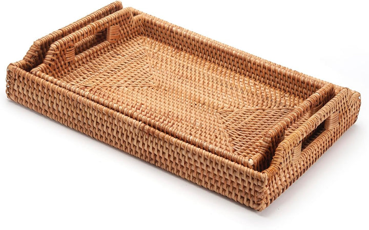 XIMISISE Rechteckige Rattan Serviertablett, Handgewebtes Serviertablett mit Griffen, Wicker Servierk