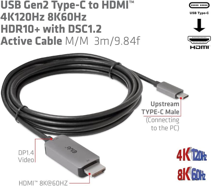 Club3D USB Gen2 Type-C auf HDMI™ 4K120Hz/8K60Hz HDR10, DSC1.2 Aktives Kabel St./St. 3m CAC-1587, CAC