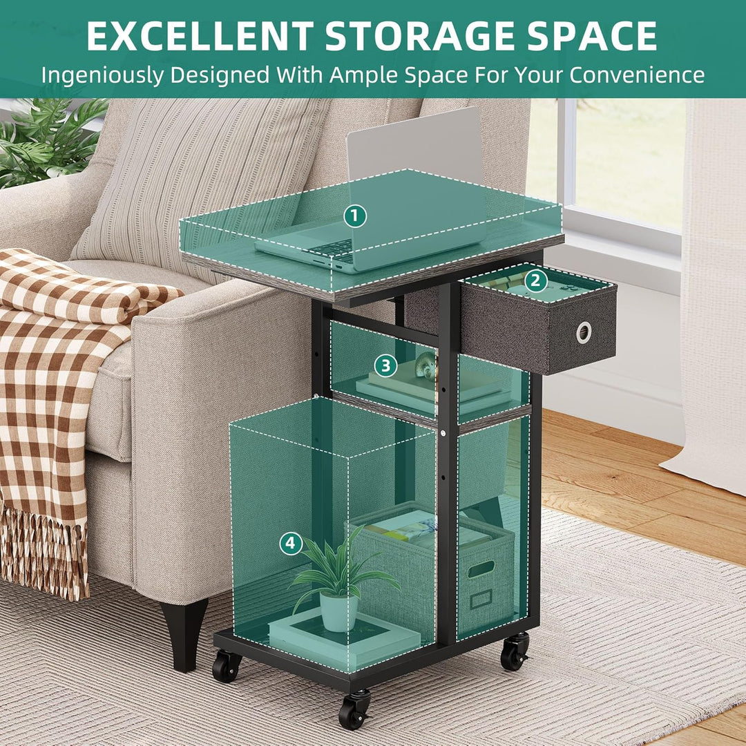 YITAHOME 2PCS Beistelltisch, C-Form Sofatisch mit Rollen und Schublade，Wohnzimmertisch für Kaffee un