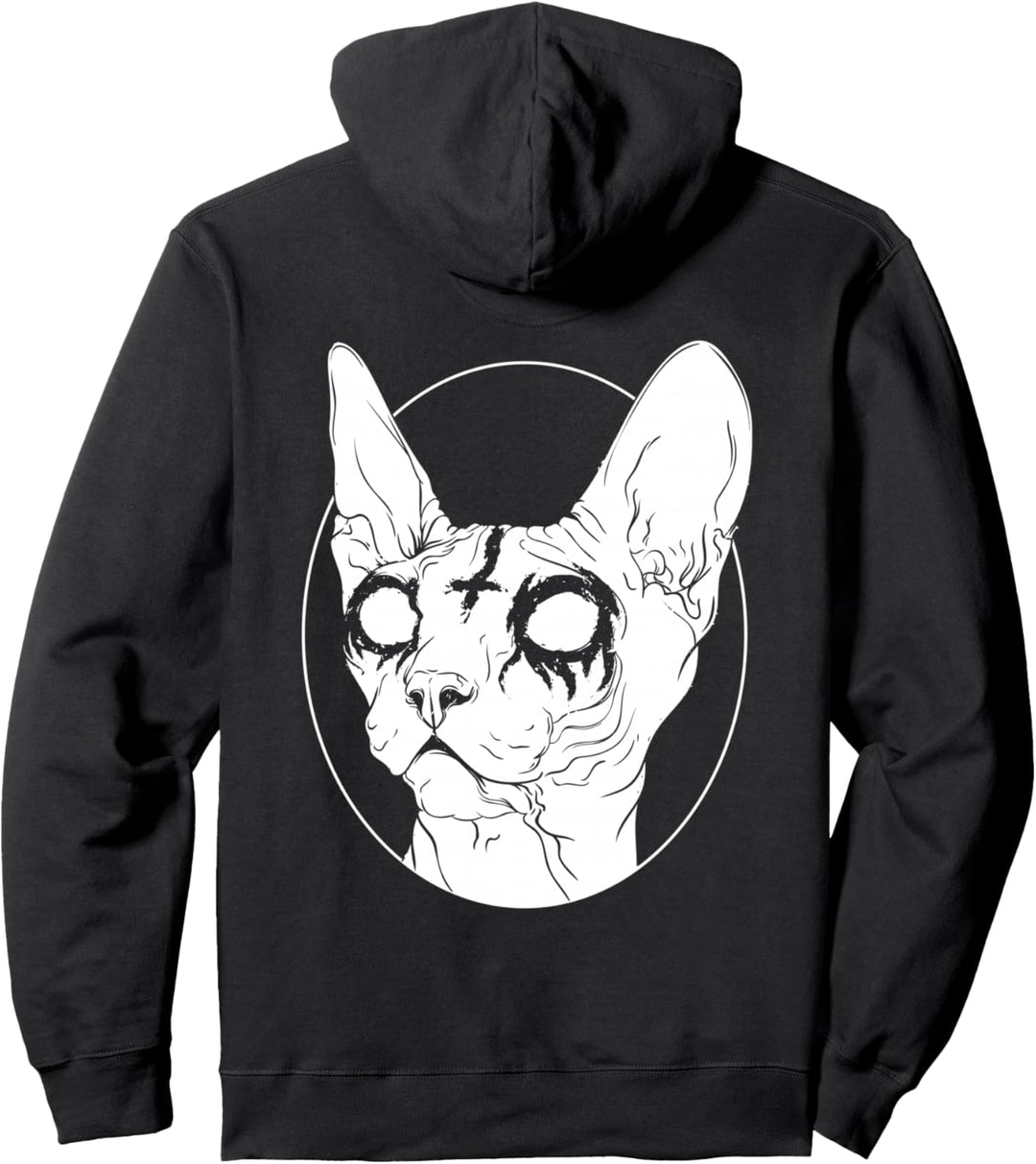 Schwarze Sphynx-Katze aus Metall | Pastell Gothic und Death Metal Pullover Hoodie