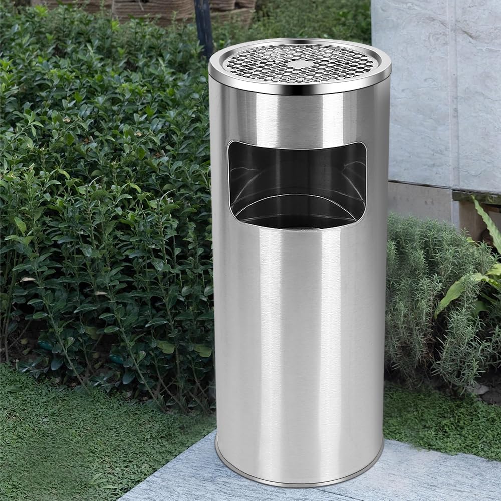 Mülleimer mit Aschenbecher für den Aussenbereich, Standaschenbecher aus Edelstahl mit Mülleimer, für
