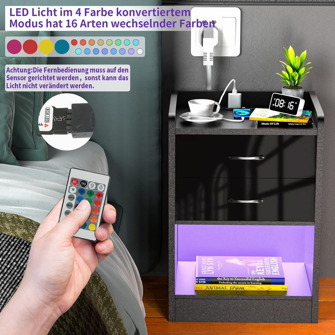 PIPIPOXER Moderner 2er Set Nachttisch mit Steckdose und LED-Beleuchtung, Nachtschrank mit 2 Schublad