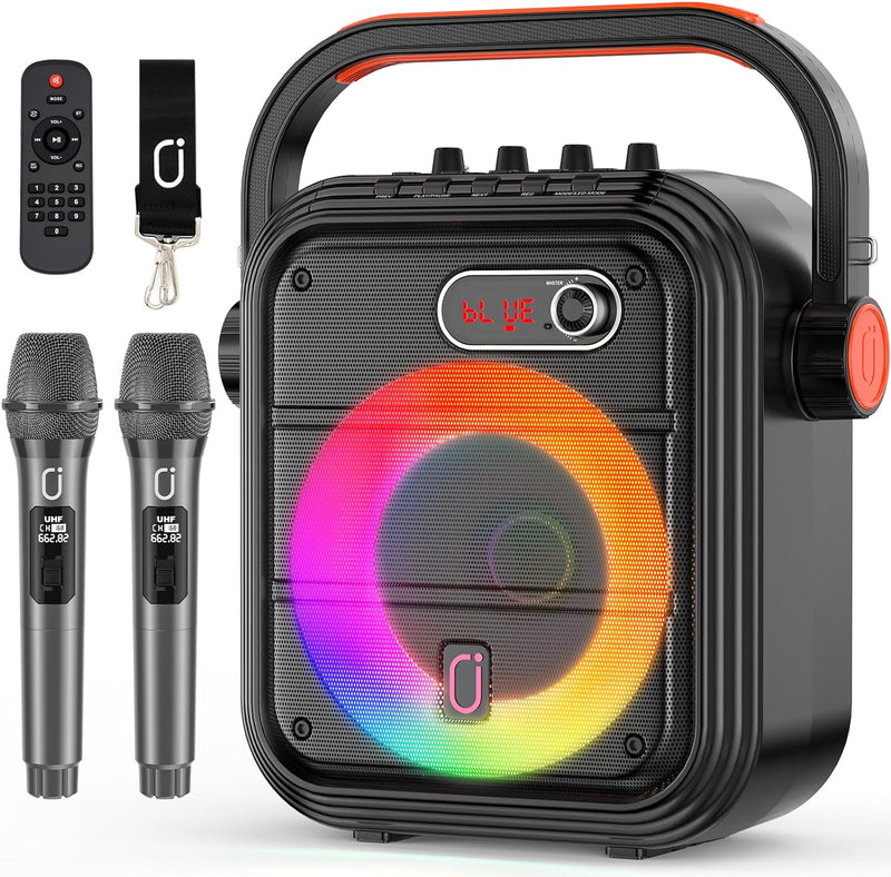 JYX Karaoke Maschine mit 2 kabellose Mikrofones, Tragbaren Bluetooth Lautsprecher mit RGB-Licht Unte