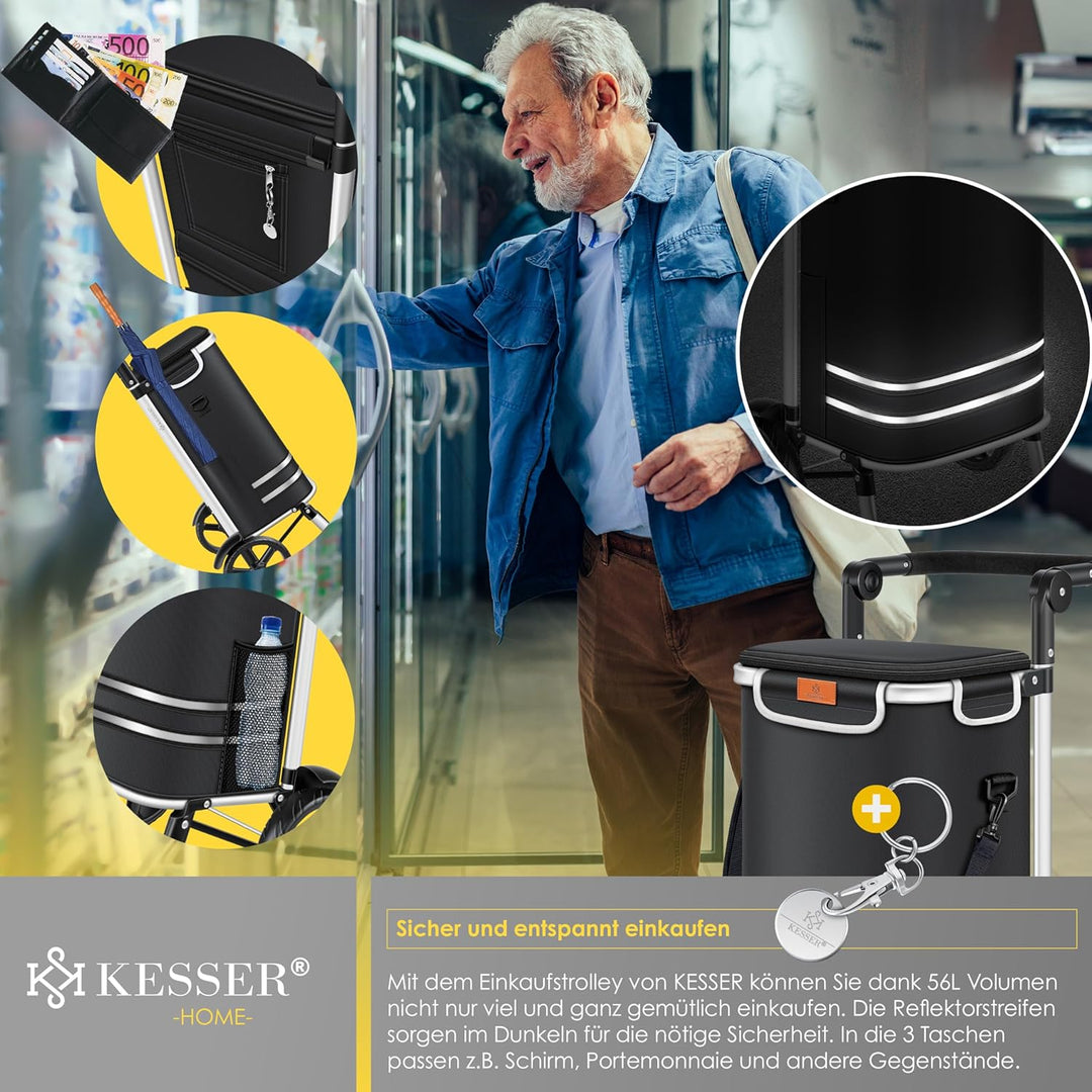 KESSER® Einkaufstrolley klappbar mit 56L Kapazität und belastbar bis 50kg | 3in1 Trolley Sackkarre &