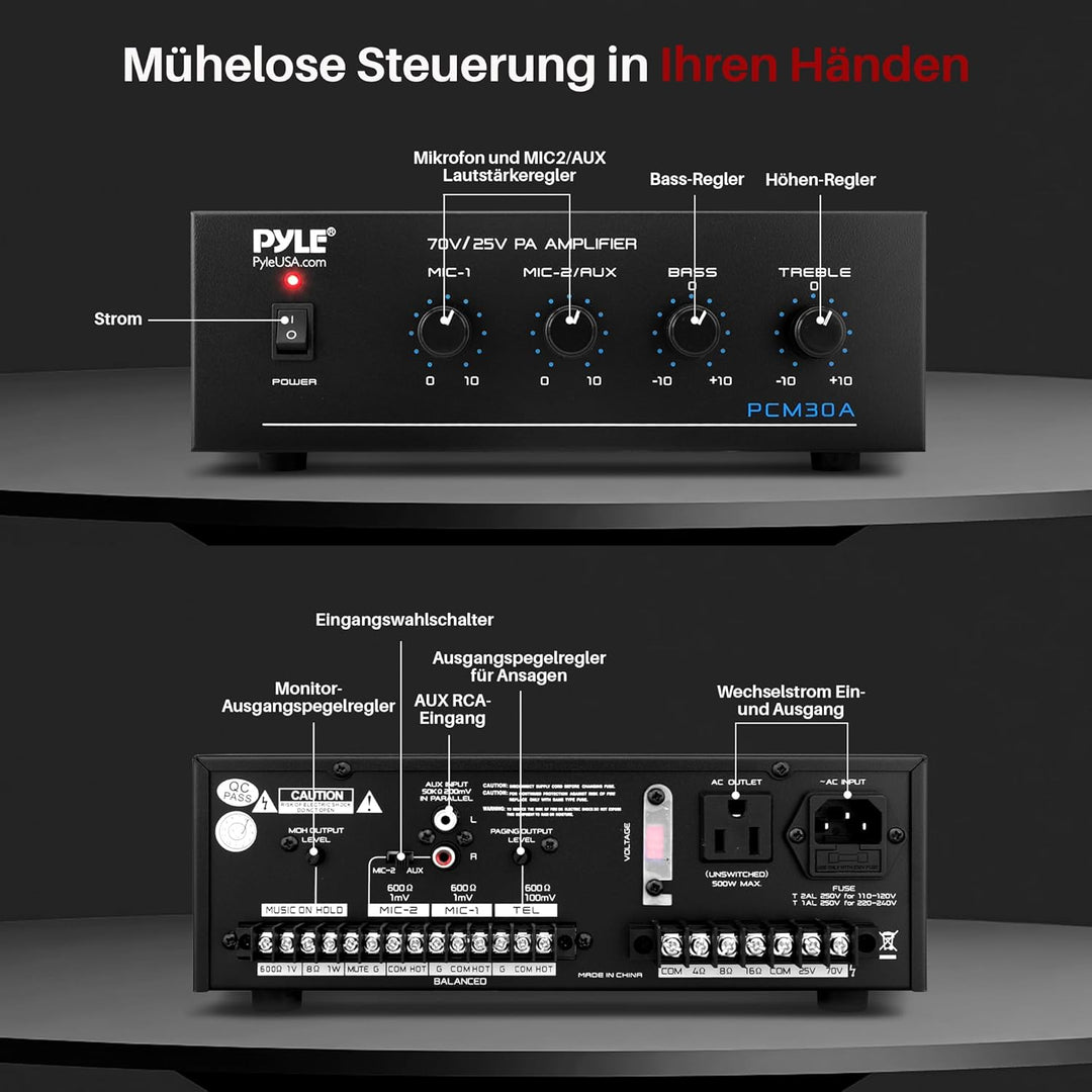 Pyle PA-Verstärker – 60W Bluetooth Amp mit 25/70V-Ausgang & 2 Mikrofoneingängen | Mit Bass-/Höhenreg