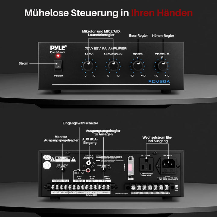 Pyle PA-Verstärker – 60W Bluetooth Amp mit 25/70V-Ausgang & 2 Mikrofoneingängen | Mit Bass-/Höhenreg