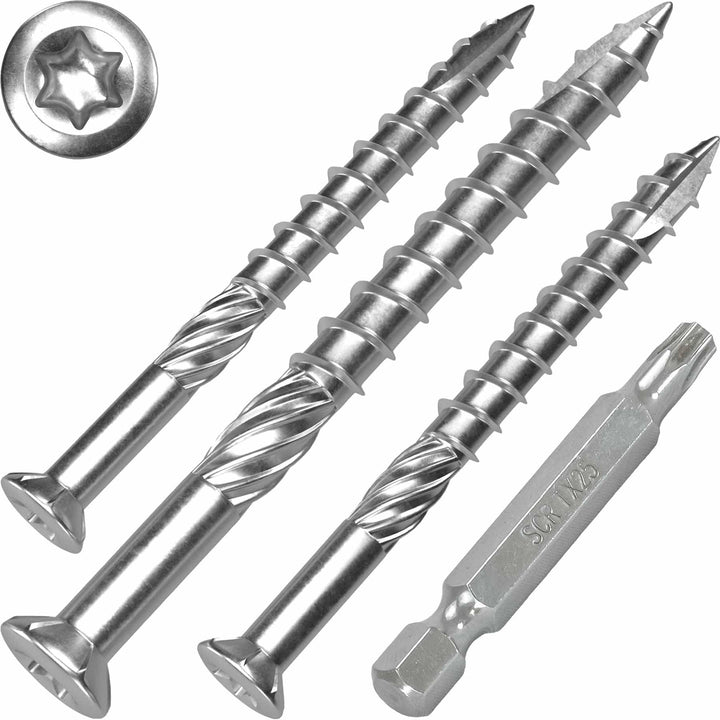 Terrassenschrauben 5 x 60 T-INOX 400 Stück Edelstahl gehärtet C1, Torx 25, inkl. Edelstahl Bit 400 S